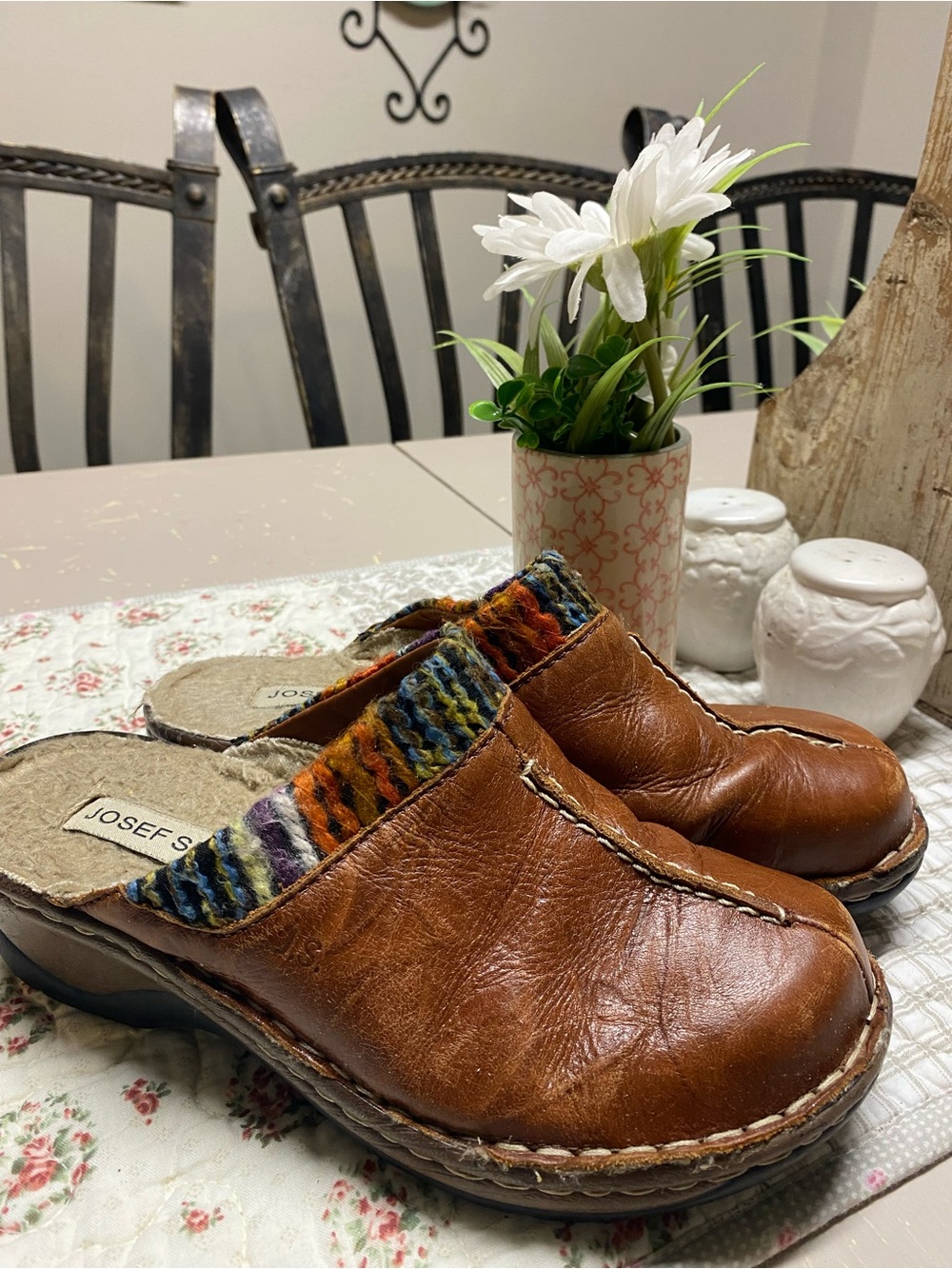 Josef Seibel Brown Leather Clog Mules with Multicolor Knit Trim Size 36 equals 6